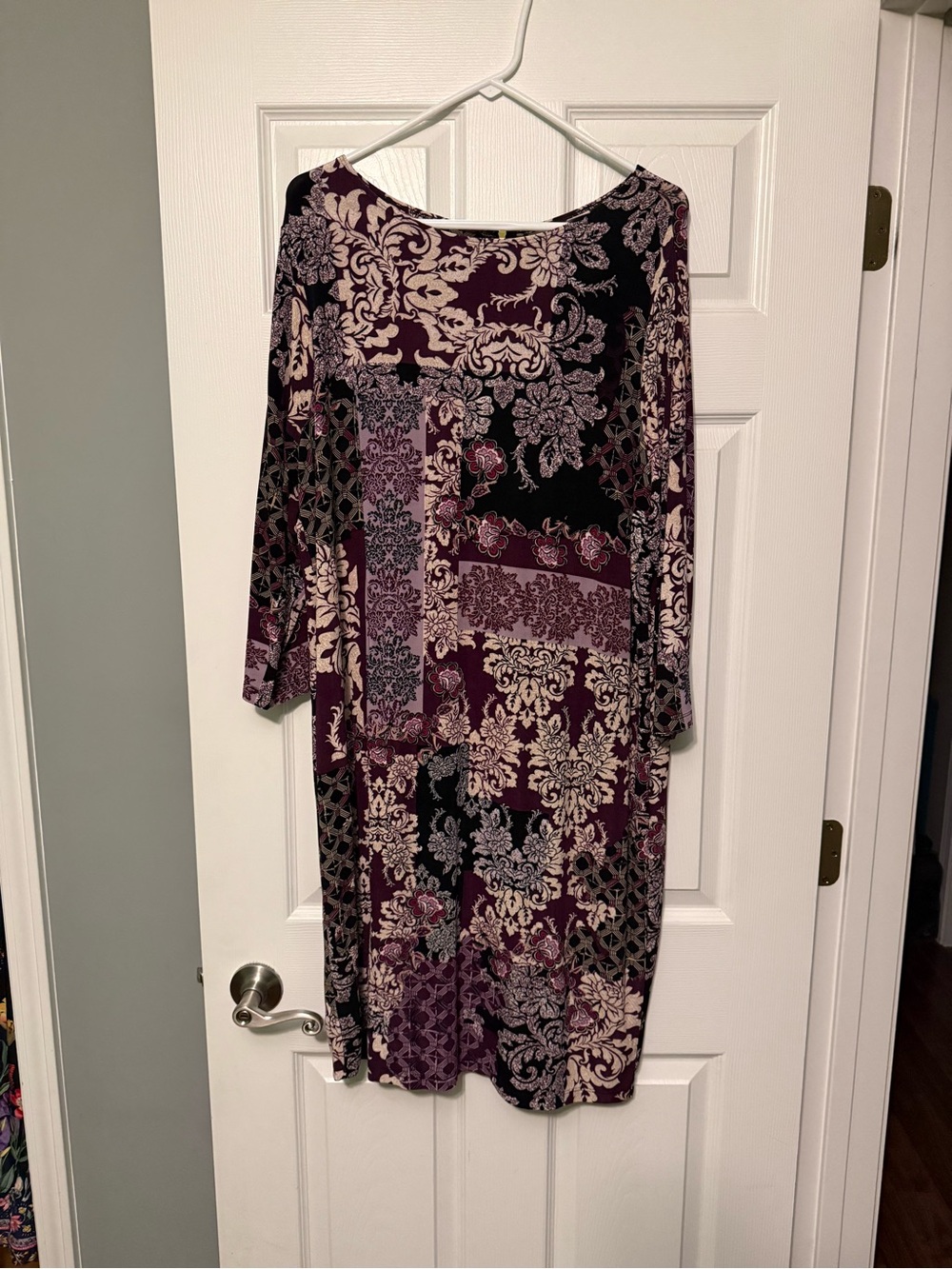 Chico's Burgundy and Cream Patchwork Long-Sleeve Dress